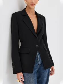 Women's Solid Color Lapel Long Sleeve Single-Button Casual Office Thin Jacket, Summer - Black - View 3