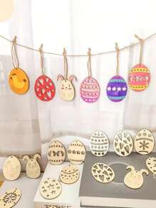 10Pcs Random Style Easter Wooden Eggs, DIY Graffiti Painted Wooden Pendant For Room, Party, Patio Decoration Crafts Free Lanyard