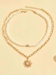 2pcs Bohemian Style Multi-Layer Pearl Heart & Sun Pendant Beaded Necklace, Suitable For Women Beach Vacation Wear