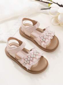 Girls' Pearl Lace PU Pink Sandals, Summer New Party Cute Princess Shoes, Soft Non-Slip Open Toe, Suitable For Party, Wedding, Casual And Daily Wear
