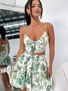 Women's Floral Cami Top And Ruffle Hem Skirt 2pcs Set,Back To School,Wedding Guest Dress Women,Cute ,Kawaii,Boho Women Clothing,Christmas Clothes - Green - View 2