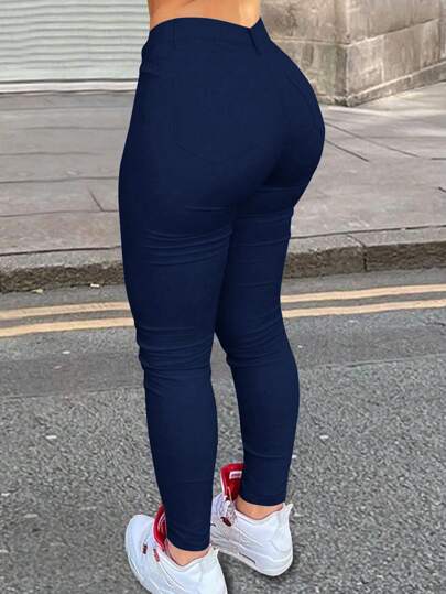 Apperloth A Pantalones pitillo de cintura alta con bolsillos y cremallera, de color liso, para festivales de música de talla grande