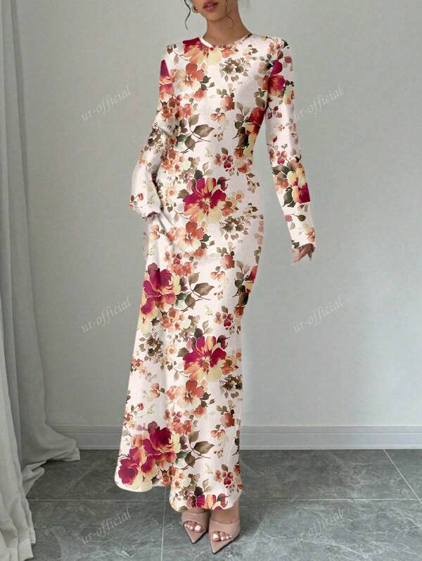 Vestido largo de manga larga con estampado, patrones florales exóticos árabes, moda para vacaciones en Dubái