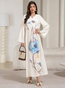 Modest Long Printed Kaftan Printed Women's Dress From Blended Fabric, Long Loose Arabian Dress, Abaya - Multicolor - View 2
