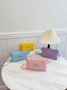 Girls Solid Color PU Shoulder Bag With Bow Strap, Small Crossbody Backpack