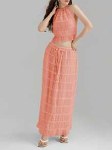 Women Y2k Two Piece Maxi Skirt Sets Beach Vacation Outfit Boho Sleeveless Ruched Halter Crop Cami Tops Backless Tank Tops And Long Swing Skirt Pleated Retro Tulle Chiffon Flowy Skirt Going Out Set 2 Piece Outfits Summer Holiday Party Outfit - 珊瑚粉 - 查看 4
