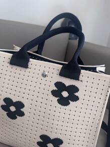 新款花朵镂空针织手提包，大容量针织单肩包，女士休闲手提包和杂货店购物袋，大尺寸手提包，小尺寸斜挎单肩包