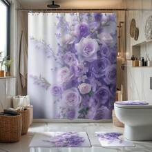 1/4pcs Blue And Purple Rose Themed Bathroom Set, Including Shower Curtain, Bathroom Mat, U-Shaped Toilet Seat Cover, And Toilet Lid Cover, Waterproof Shower Curtain, Fashionable Curtain For Bathroom Decor, Modern Style, No Need To Drill Holes, Made Of Polyester, Machine Washable Fall Decor Bathroom Accessories Back To School - Multicolor - View 1
