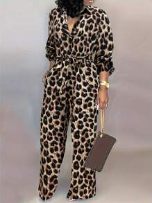 女士休闲豹纹长袖连体裤，配腰带，优雅夏季春假穿搭 - 彩色 - 查看 1