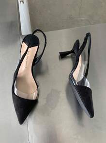 Xin Jing Shoes Giày cao gót mũi nhọn kiểu dáng slingback bằng da lộn, thanh lịch, gót nhọn nhỏ, thích hợp cho tiệc tùng, giày cao gót nhọn. - màu đen - Xem 5