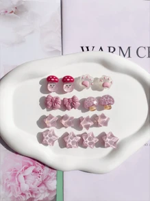 16pcs Pink Cute Mushroom & Wave Star Bowknot Detachable Shoe Decor, Multifunctional Shoe Clips Accessories For Women Sandals, Slippers, Beach Bags, Ideal Gift For Holiday