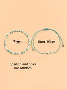 2pcs Bohemian Beach Vacation Bead Heart Charm Anklets - Green - View 3
