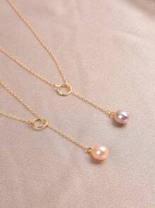 1 pieza Collar con perla natural bañado en oro de 18K para mujer, diseño tipo Y para primavera/verano