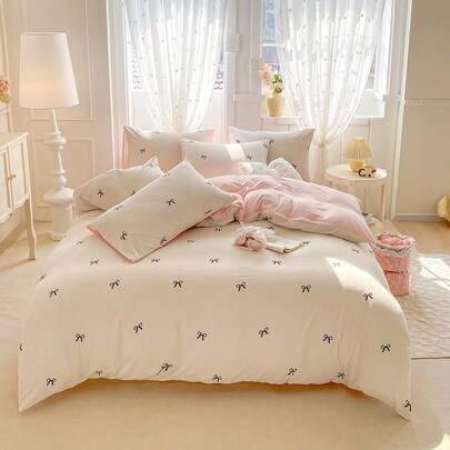 3件套清新印花涤纶床上用品套装，可机洗，适合男女宿舍，包含1个被套和2个枕套（不含填充物）