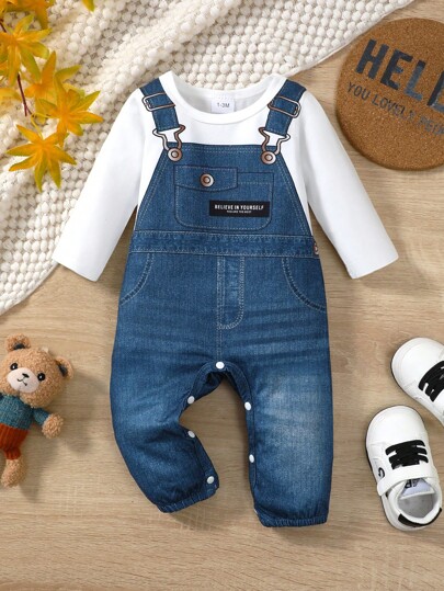 1pc bebê menino manga longa branco contraste denim efeito macacão