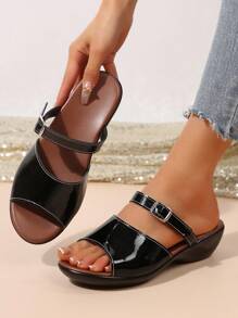 Women Simple Peep Toe Wedge Sandals, Fashionable Versatile Black Casual Slide Sandals For Summer Daily Wear