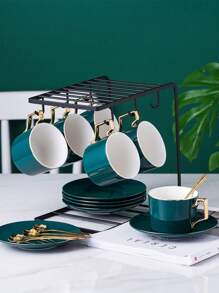 1 Juego de 6 tazas + 6 platillos + 6 cucharas (con soporte negro), 1 Juego de 1 taza + 1 platillo + 1 cuchara, taza de café de cerámica, platillo, plato elegante de café y postre, juego tradicional de té de la tarde, taza creativa y simple de té de la tarde, juego de tazas de café, serie graciosa de unicolor, taza de espresso con asa, taza, taza de leche, esencial ahorra espacio, imprescindible para amantes del café, adecuado para el hogar, la oficina, la escuela, reuniones, regalo - Apto para lavavajillas