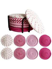 Juego de 4/8 posavasos tejidos, individuales redondos tejidos, manteles aislantes, posavasos hechos a mano con bandeja, juego de posavasos absorbentes, estilo bohemio (sin estante), manteles aislantes, salvamanteles para el hogar resistentes al escalado