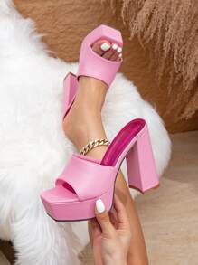 女士方头粗跟粉色高跟鞋，时尚百搭，适合户外穿着，女士厚底高跟鞋 - 粉色 - 查看 2