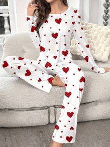 女士休闲爱心印花圆领长袖上衣和长裤睡衣套装，秋冬服装 - 白色 - 查看 1