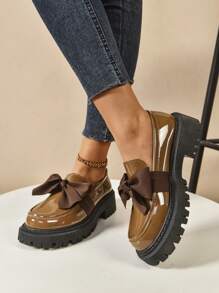 Sweet Style Bowknot Loafers For Women, Round Toe Low Heeled Slip-On Casual Shoes - 2025 New - Khaki - View 3