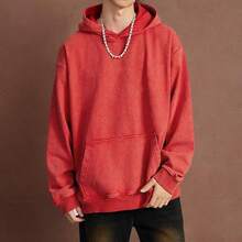 FAIABLE Mens Hoodies Oversized Unisex Wash Hoodie Heavyweight Fleece Vintage Cotton Sweatshirt Men Women Streetwear - Đỏ - Xem 6