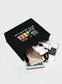 Colorful Cartoon Rabbit Pattern Printed Black Linen Handbag,Cute Rabbit Pattern,"Treat All With Kindness"Pattern ,Easter Bunny,Large Capacity Cosmetic Bag With Hand Rope,Hanging Toiletry Bag,Travel Cosmetic Bags