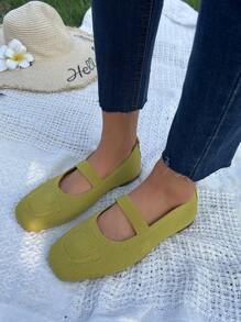 New Plus Size Women Flat Square Toe Spring/Summer Mesh Knit Loafers, Comfortable Super Soft Slip-On Shoes For Vacation, Travel, Breathable Work Flats, Versatile Casual Sandals - Yellow - View 2