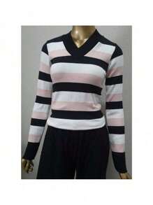 Women's Cold Weather Blouse | Women's Striped Long Sleeve Blouse | Striped V-Neck Blouse | Stripes - 查看 4