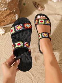 Sandales plates pour femmes, style national imitant le lin, corde de voyage, sandales à semelle de paille, mules florales à la mode coréenne, sandales plates de plage pour femmes