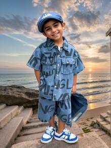 2pcs/Set Little/Toddler Boys' Summer Casual Printed Denim Short Sleeve Top And Shorts Set