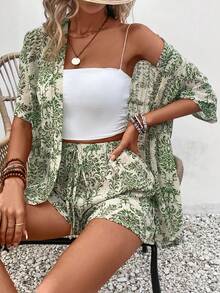 Women's Short Sleeve Shirt And Elastic Waist A-Line Shorts Casual Resort Floral Print Outfit Summer Outfit