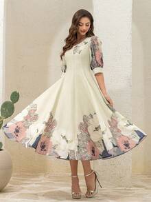 Women's Random Print V-Neck Elegant Long Dress - Apricot - View 3