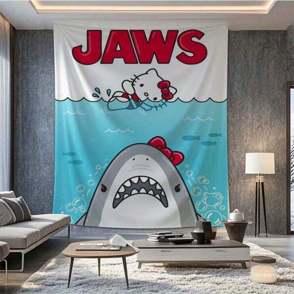 Sanrio 1 pièce Véritable tapisserie thématique Hello chat et requin, peut être utilisée pour s'encourager, comme accessoire photo, portable, résistante aux plis, légère et facile à suspendre lors des sorties, convient pour la décoration de la chambre des gamers, de la chambre à coucher, du dortoir, cadeau pour les amis et la famille, idées de décoration et de cadeau multifonctionnel