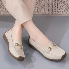 Women's Apricot Casual Loafers With Hand-Stitching &Metal Buckle. Elegant & Casual Flats, Lightweight Leather Shoes, Comfortable Flat Shoes Fall. - Apricot - View 3