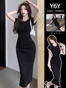 Summer Elegant Shoulder Drop Short Sleeve Round Neck Pleated Waist Fitted Midi Dress, Versatile And Minimalist