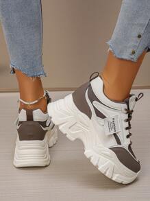 2025 Spring Women's Hidden Heel Chunky Sneakers, Lace-Up Breathable Mesh Casual Platform Shoes For Petite