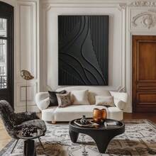 Arte de lienzo abstracto 2D con líneas negras sin marco y detalles texturizados - Decoración de pared minimalista y texturizada para dormitorio, sala de estar o pasillo - Multicolor - Ver 4