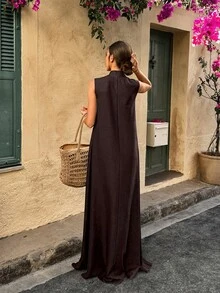 V领A字长裙，简约时尚，适合夏季 - 棕色 - 查看 2