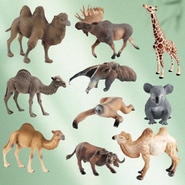 Figuras decorativas realistas de modelos de animales: Jirafa, Oso hormiguero, Camello (de una y dos jorobas), Koala, Perezoso, Búfalo de agua, Ciervo, coleccionables de exhibición de escritorio