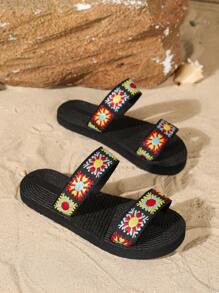 Sandales plates pour femmes, style national imitant le lin, corde de voyage, sandales à semelle de paille, mules florales à la mode coréenne, sandales plates de plage pour femmes