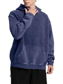 FAIABLE Mens Hoodies Oversized Unisex Wash Hoodie Heavyweight Fleece Vintage Cotton Sweatshirt Men Women Streetwear - 藍色 - 查看 3