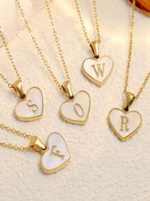 1 件时尚 A-Z 心形首字母吊坠项链不锈钢贝壳锁骨链项链适合女士男士情人节礼物 - 金黃色 - 查看 6