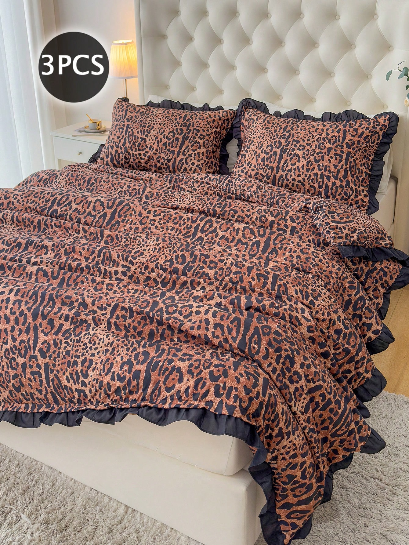 3pcs Leopard Print, Lace Duvet Cover Set Without Filer, (1 Duvet Cover & 2 Pilowcases), Modern Polvester Bedding Set For Al Season