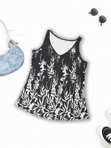 女式 V 领花卉印花无袖上衣，春夏季百搭运动衫