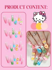 Sanrio Sanrio Sanrio Hello Kitty 24PCS Press On Nails Long Square Press On Nails Multi Colored French Cute MYMELODY CINNAMOROLL POCHACCO And POMPOMPURIN 3D With Heart Pearls, Star Pearls, Bows, Cherry Ice Cream, And Donuts Design Nail Kit Contain 1pc Jelly Glue And 1pc Nail File ,Hello Kitty Nails For Women And Girls Daily Life And Party Use