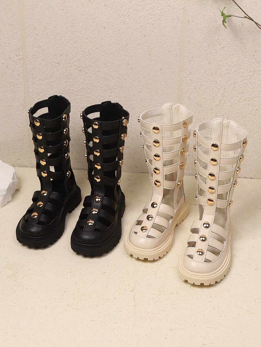 1 Pair Ivory Girls Tall Roman Sandals, Solid Color Shiny PU Metal Buckle Decor, Rear Zipper, Closed Toe Anti-Kick Design, Thick Non-Slip Sole, Breathable High-Top Sandals Suitable For 3-18 Years Old Girls Casual Daily & Holiday Wear, Spring/Summer New Arrival