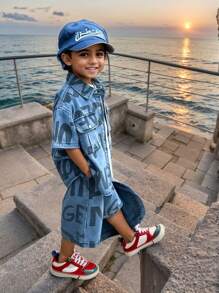 2pcs/Set Little/Toddler Boys' Summer Casual Printed Denim Short Sleeve Top And Shorts Set