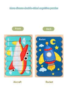 لوح ألغاز خشبي ثنائي الوجه - موضوعات الحيوانات والنقل، تصميم مثير للأحاجي ، لعبة تعليمية للأطفال