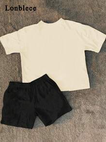 Lonblece 2 件套男士印花短袖图案 T 恤和透气短裤，适合春夏季休闲日常穿着 - 彩色 - 查看 2